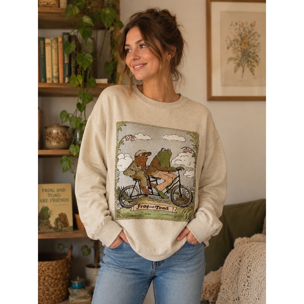 Frog and Toad Together Tapestry Graphic Sweatshirt Tan Crewneck Arnold Lobel M